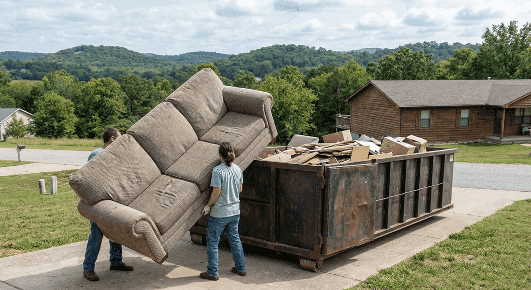 Couch fitting inside a 10 yard dumpster in Branson